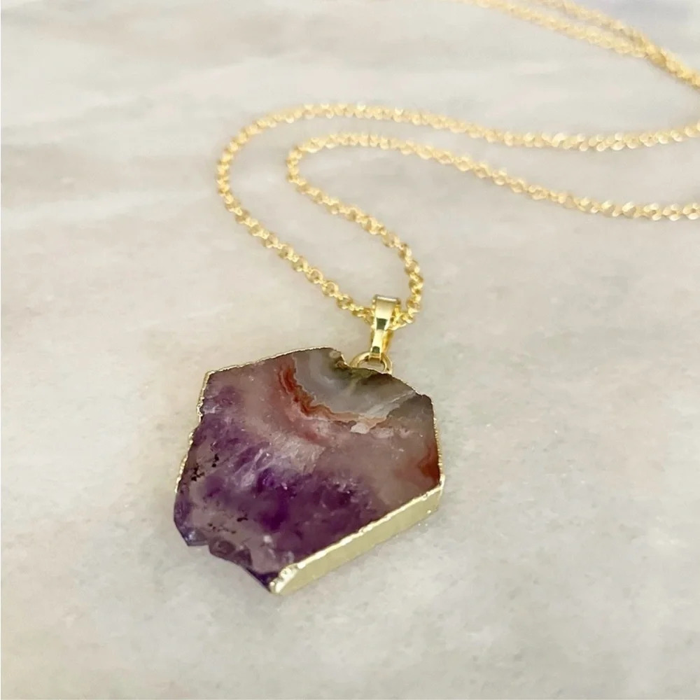 Hexagonal Amethyst Slice Pendant Necklace